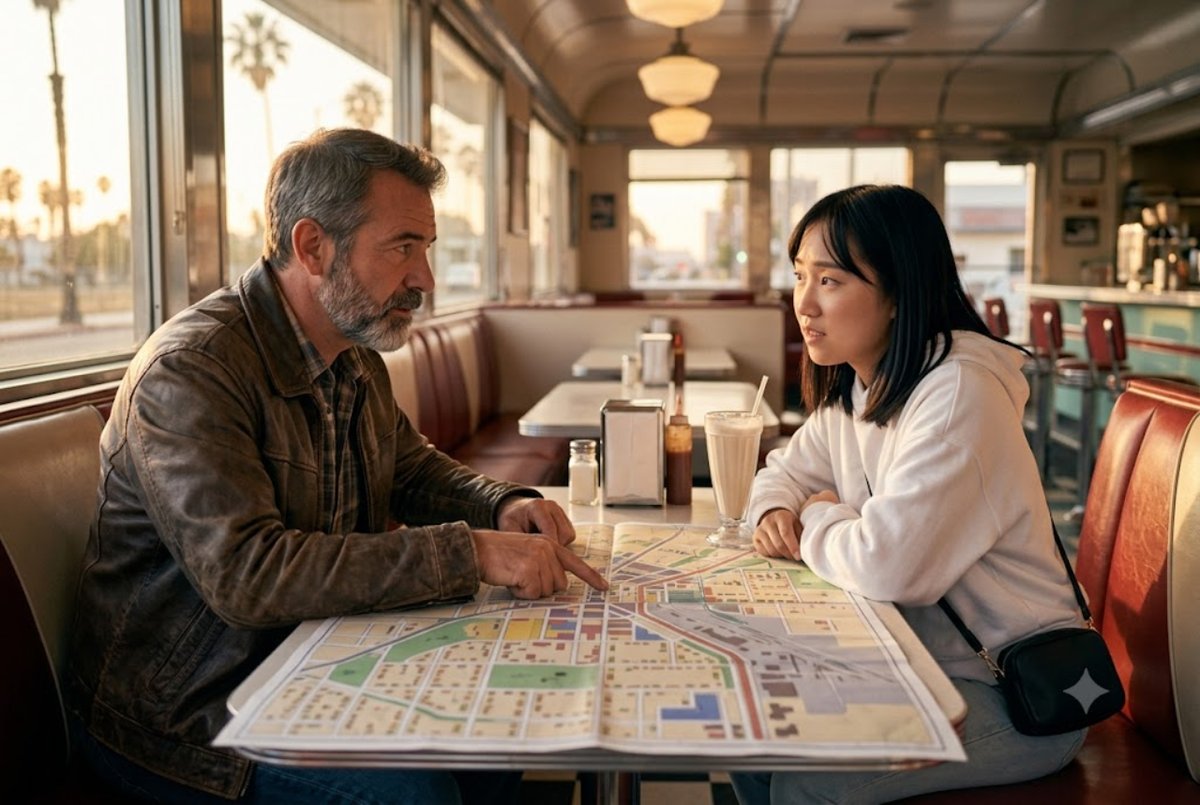 Illustration of an experienced player guiding a new roleplay member at a diner