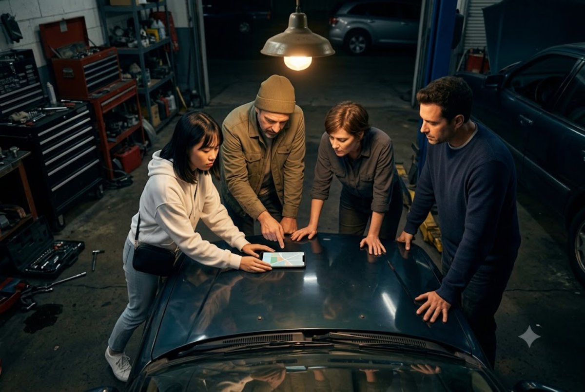 Illustration of a roleplay crew planning together around a car in a garage
