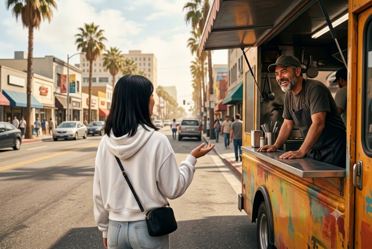 Illustration of a roleplay character chatting with a food-truck vendor in the city